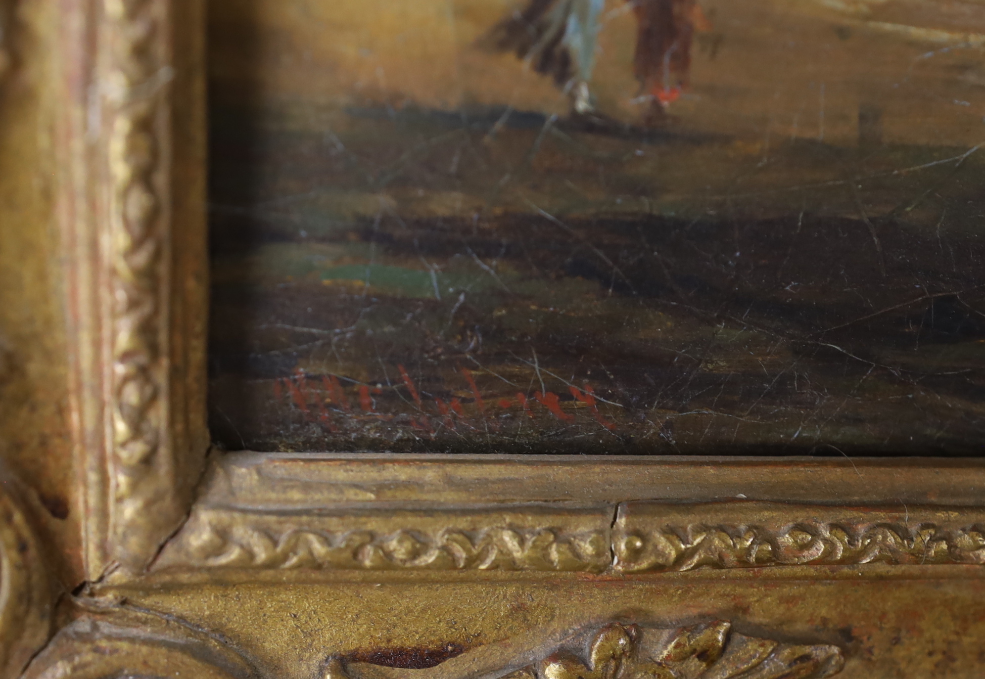 19th Century English School, oil on canvas, Fishing boats along the coast, indistinctly signed, 35 x 60cm